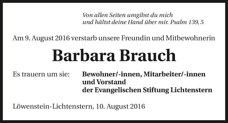  Traueranzeige für Barbara Brauch vom 11.08.2016 aus 