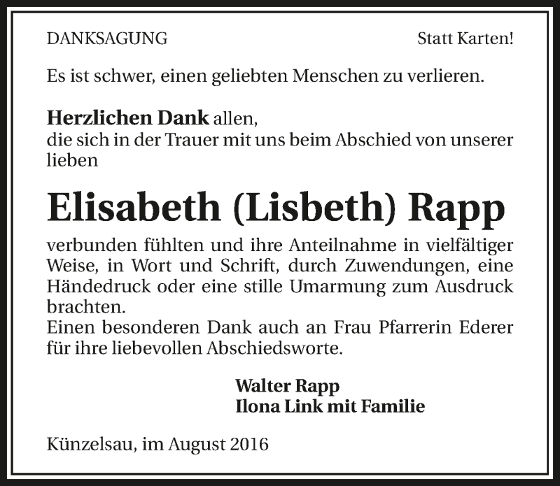  Traueranzeige für Elisabeth Rapp vom 12.08.2016 aus 