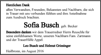 Traueranzeige von Sofia Busch 