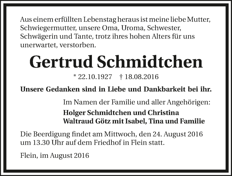  Traueranzeige für Gertrud Schmidtchen vom 20.08.2016 aus 
