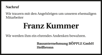 Traueranzeige von Franz Kummer 