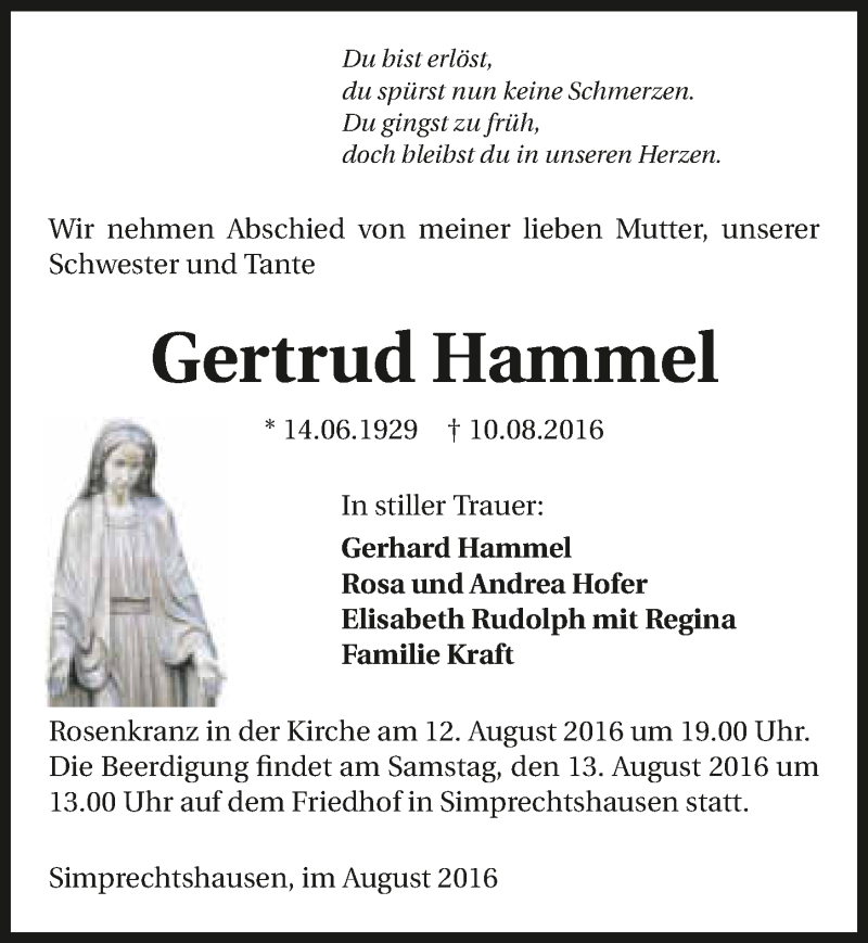  Traueranzeige für Gertrud Hammel vom 12.08.2016 aus 