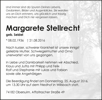Traueranzeige von Margarete Stellrecht 