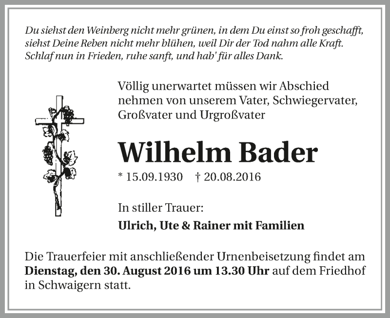  Traueranzeige für Wilhelm Bader vom 26.08.2016 aus 