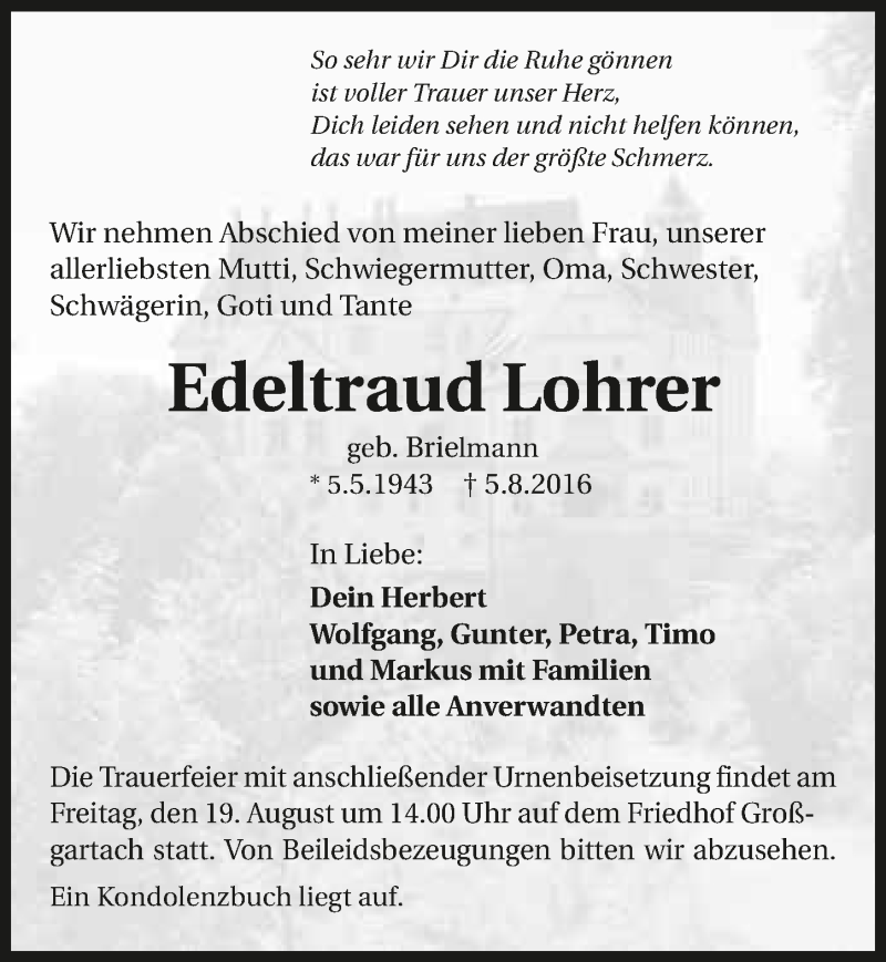  Traueranzeige für Edeltraud Lohrer vom 16.08.2016 aus 