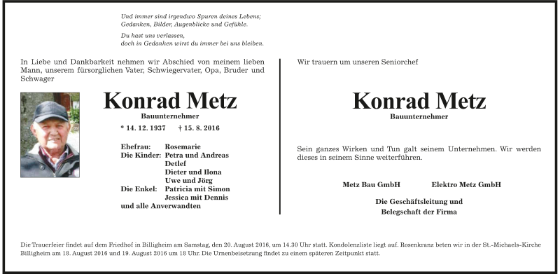  Traueranzeige für Konrad Metz vom 17.08.2016 aus 