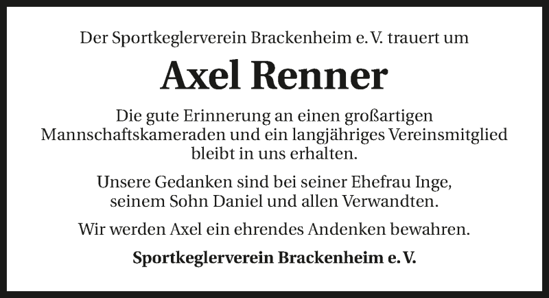  Traueranzeige für Axel Renner vom 31.08.2016 aus 