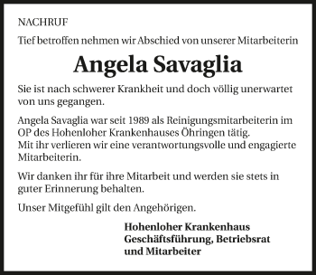 Traueranzeige von Angela Savaglia 