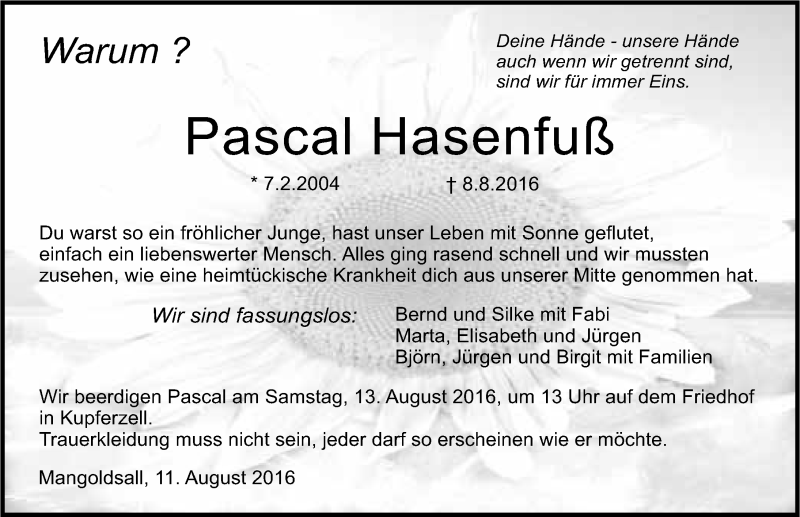  Traueranzeige für Pascal Hasenfuß vom 11.08.2016 aus 