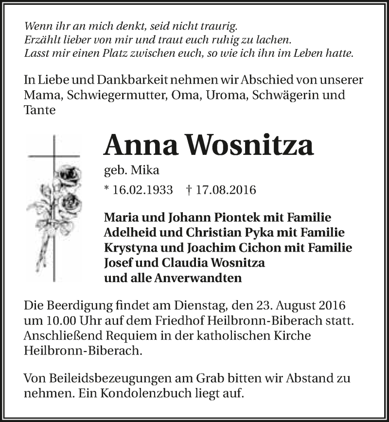  Traueranzeige für Anna Wosnitza vom 20.08.2016 aus 