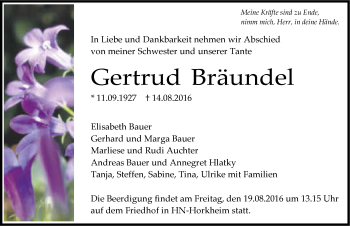 Traueranzeige von Gertrud Bräundel 