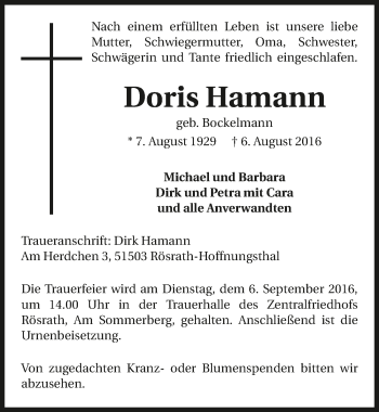 Traueranzeige von Doris Hamann 