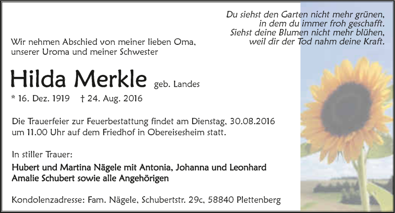  Traueranzeige für Hilda Merkle vom 26.08.2016 aus 
