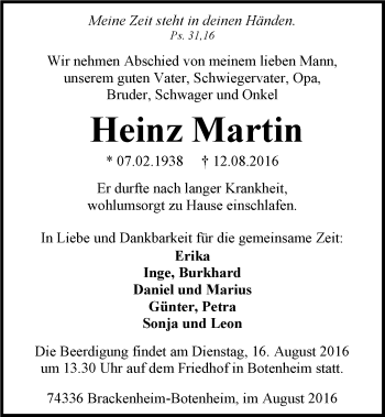 Traueranzeige von Heinz Martin 