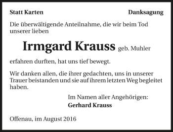 Traueranzeige von Irmgard Krauss 
