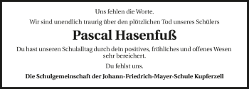 Traueranzeige von Pascal Hasenfuß 