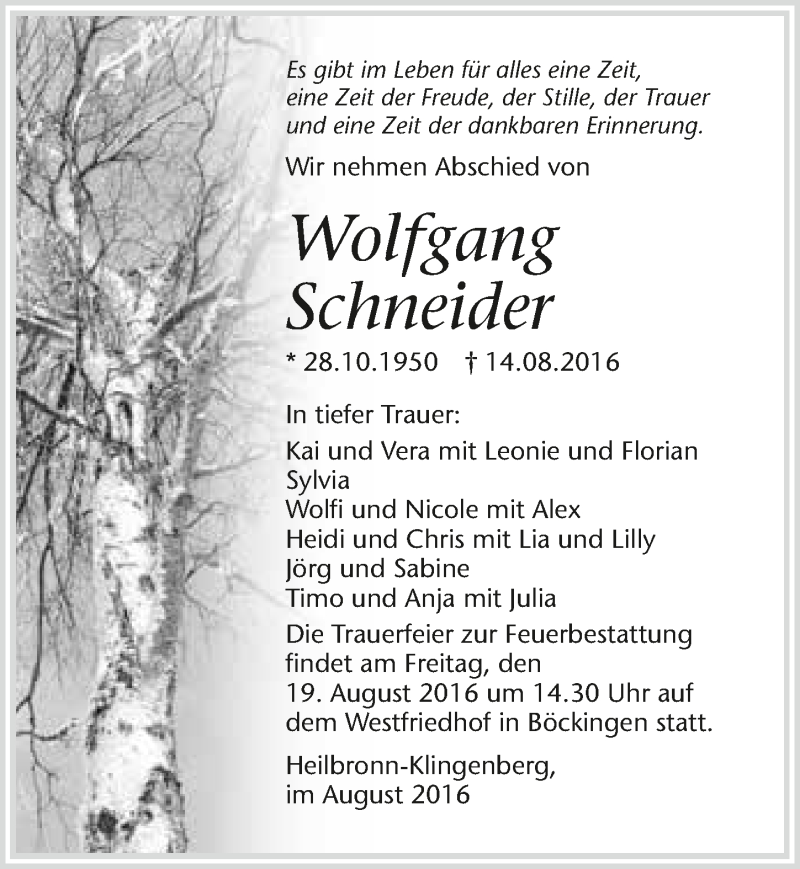  Traueranzeige für Wolfgang Schneider vom 16.08.2016 aus 