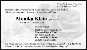 Traueranzeige von Monika Klein 