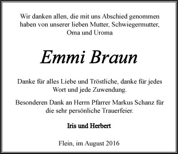Traueranzeige von Emma Braun 