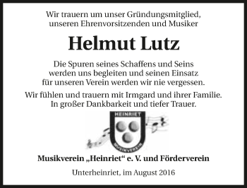 Traueranzeige von Helmut Lutz 