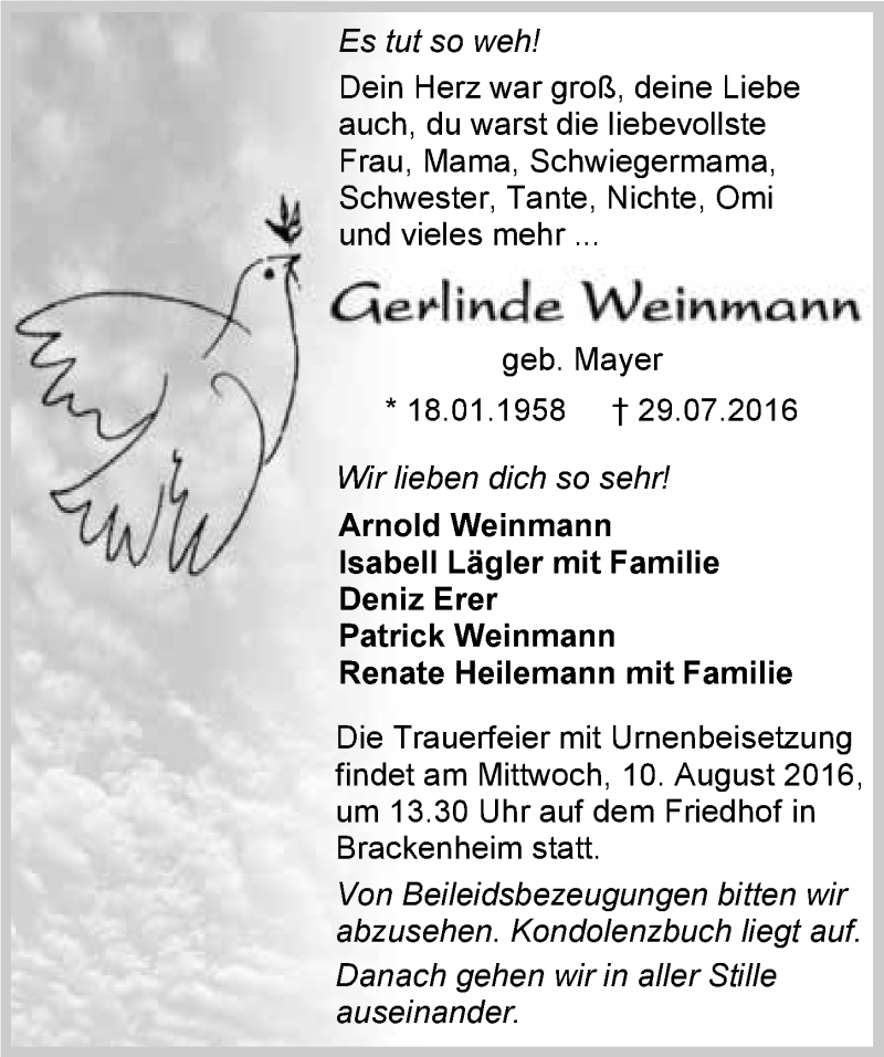  Traueranzeige für Gerlinde Weinmann vom 06.08.2016 aus 