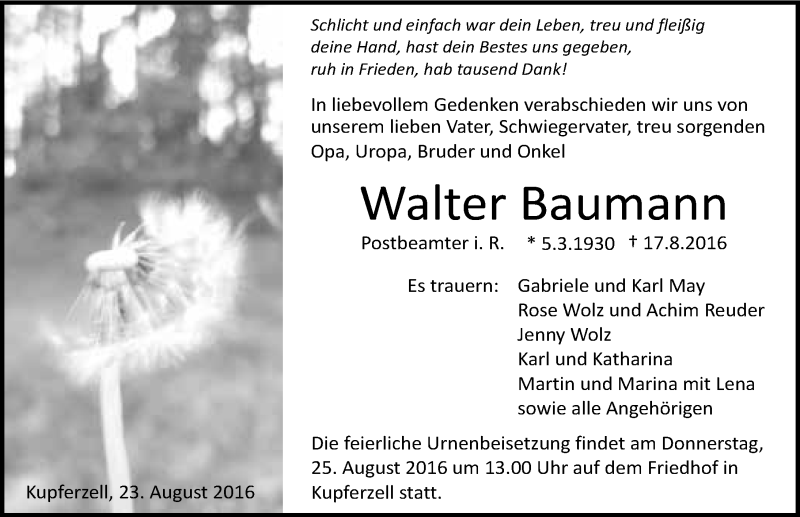  Traueranzeige für Walter Baumann vom 23.08.2016 aus 
