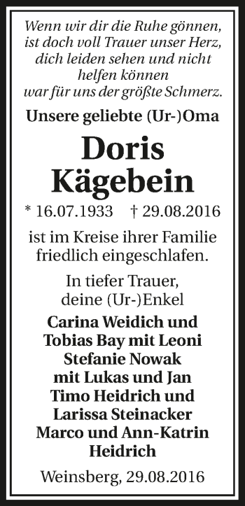 Traueranzeige von Doris Kägebein 
