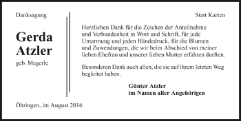 Traueranzeige von Gerda Atzler 