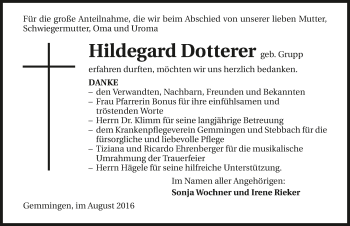 Traueranzeige von Hildegard Dotterer 