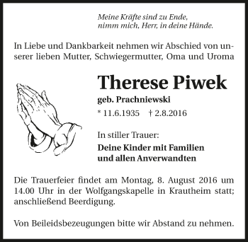 Traueranzeige von Therese Piwek 
