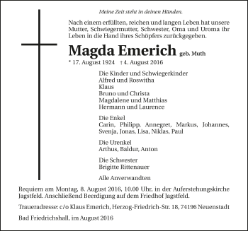 Traueranzeige von Magda Emerich 