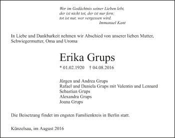 Traueranzeige von Erika Grups 
