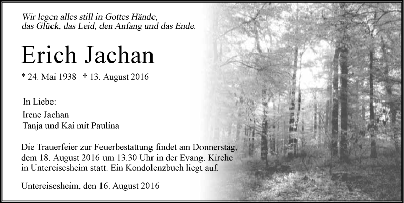  Traueranzeige für Erich Jachan vom 16.08.2016 aus 