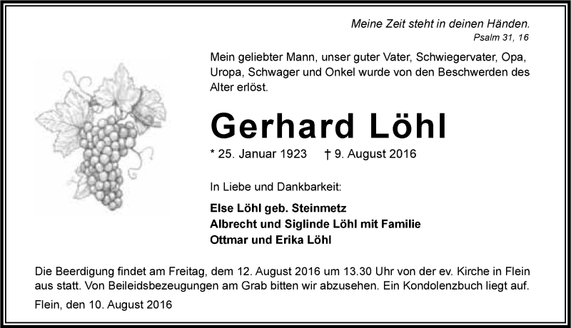  Traueranzeige für Gerhard Löhl vom 10.08.2016 aus 