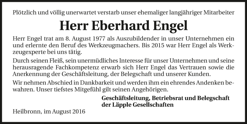  Traueranzeige für Eberhard Engel vom 09.08.2016 aus 