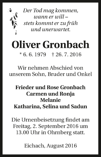 Traueranzeige von Oliver Gronbach 