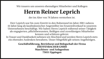 Traueranzeige von Reiner Leprich 