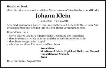 Traueranzeige von Johann Klein 