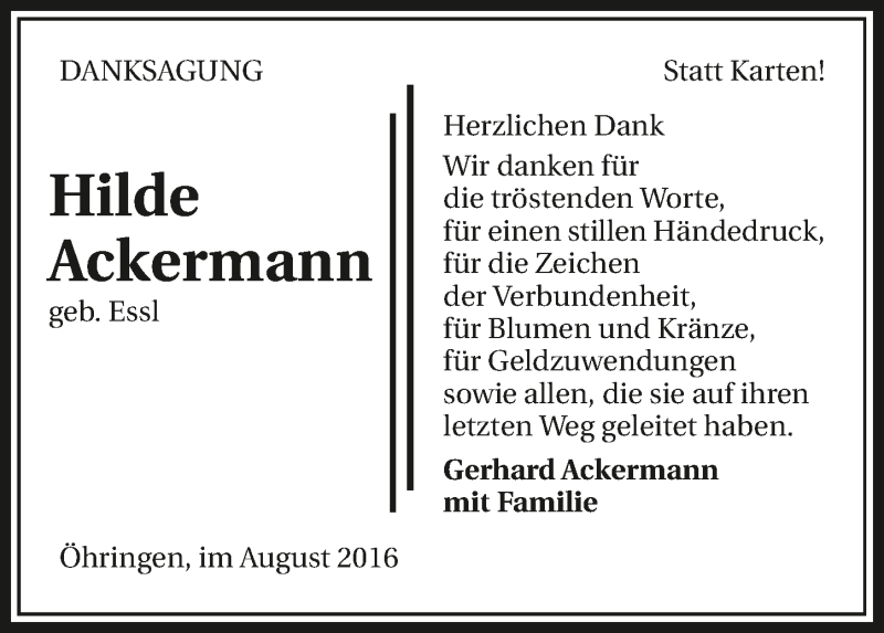  Traueranzeige für Hilde Ackermann vom 13.08.2016 aus 
