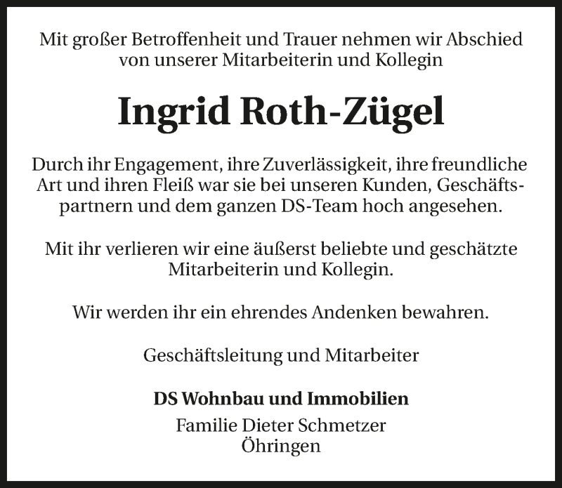  Traueranzeige für Ingrid Roth-Zügel vom 01.09.2016 aus 