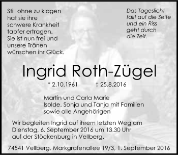 Traueranzeige von Ingrid Roth-Zügel 