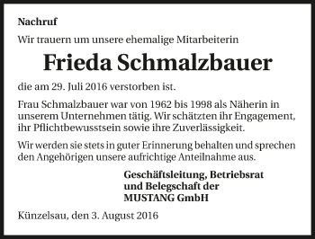 Traueranzeige von Frieda Schmalzbauer 