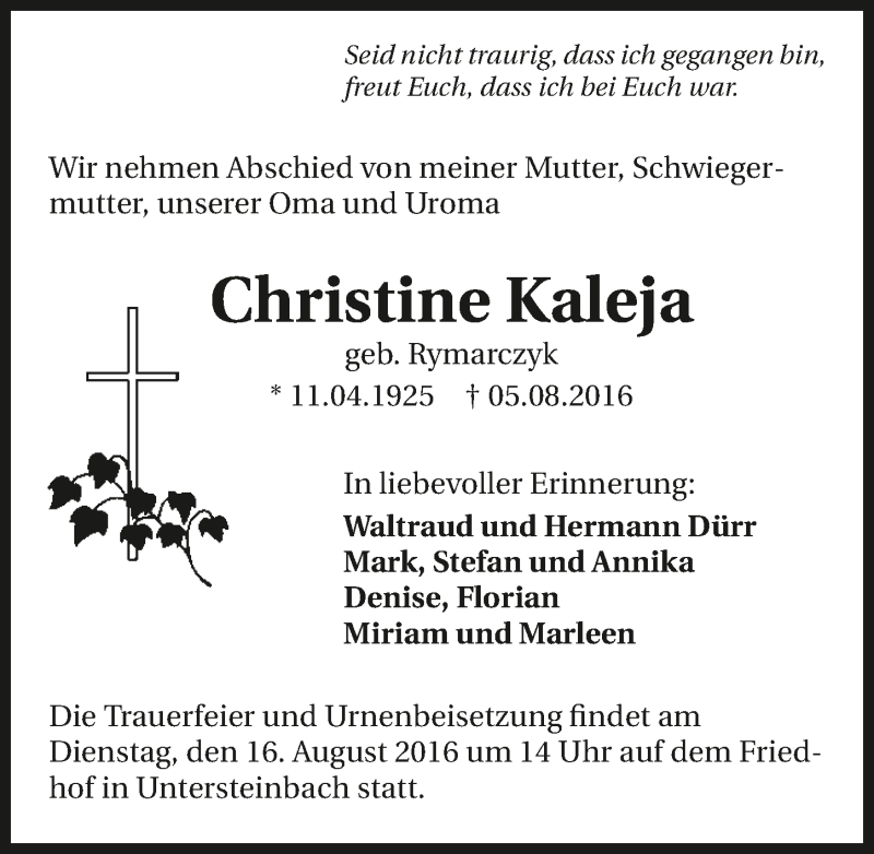  Traueranzeige für Christine Kaleja vom 12.08.2016 aus 