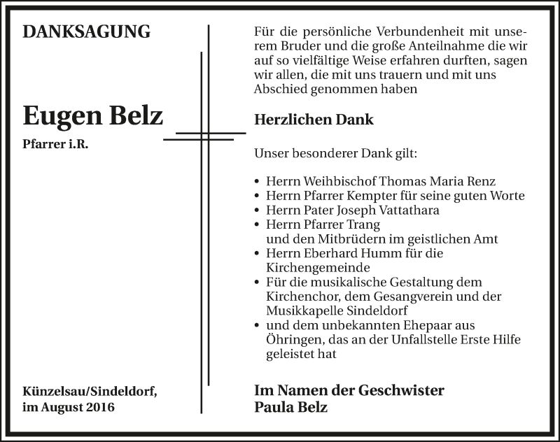  Traueranzeige für Eugen Belz vom 26.08.2016 aus 