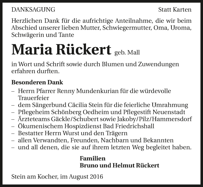  Traueranzeige für Maria Rückert vom 06.08.2016 aus 