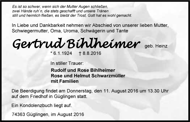  Traueranzeige für Gertrud Bihlheimer vom 09.08.2016 aus 