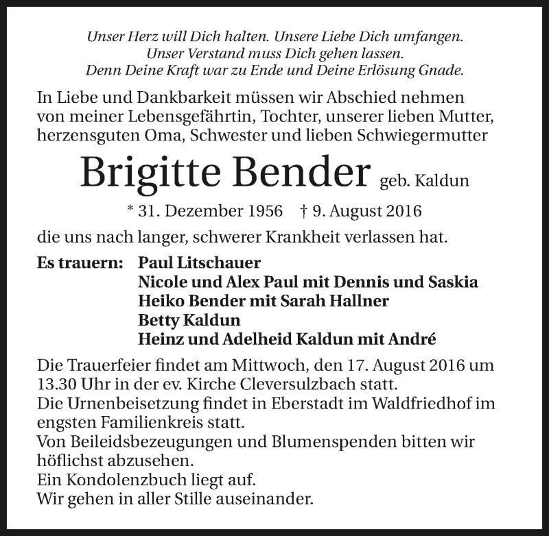 Traueranzeige für Brigitte Bender vom 15.08.2016 aus 
