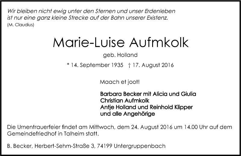  Traueranzeige für Marie-Luise Aufmkolk vom 19.08.2016 aus 