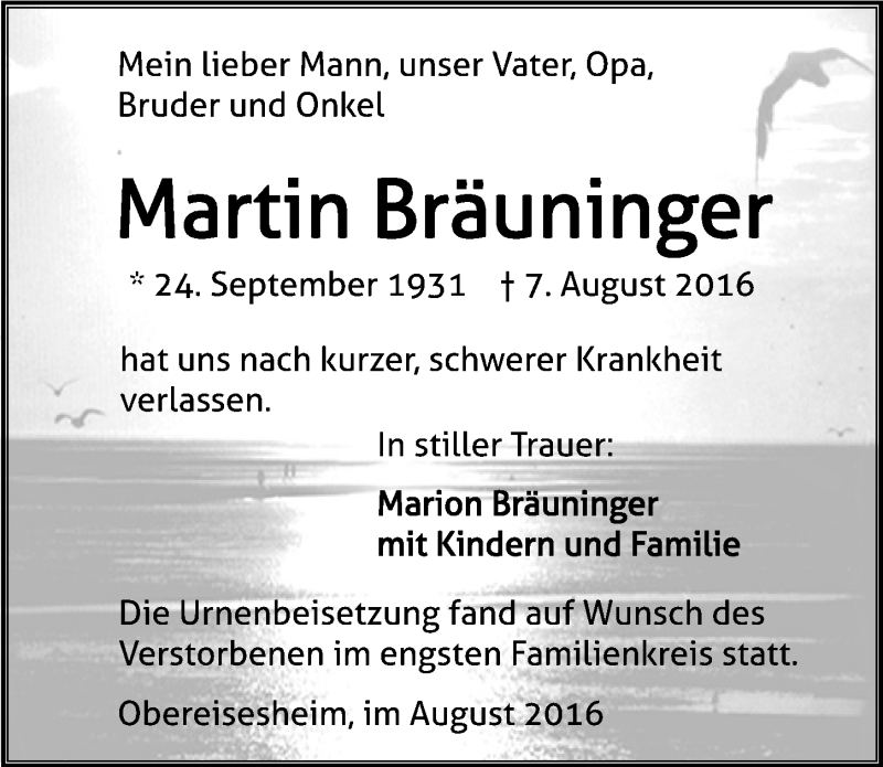  Traueranzeige für Martin Bräuninger vom 27.08.2016 aus 
