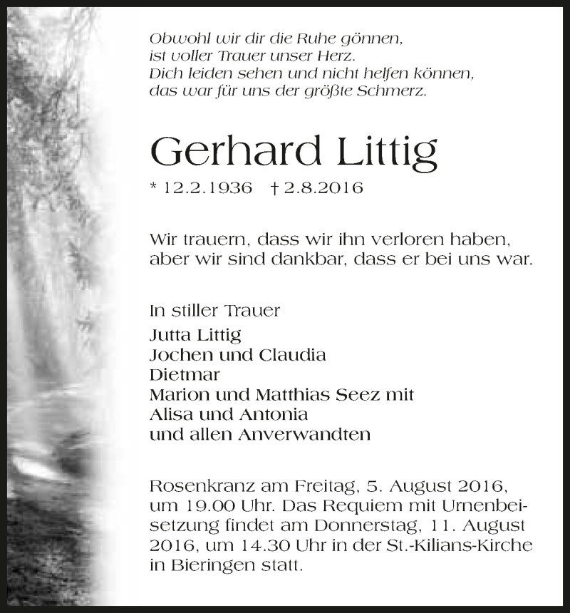  Traueranzeige für Gerhard Littig vom 05.08.2016 aus 